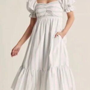 NWT Abercrombie & Fitch Puff Sleeve Midi Dress - Green and White Stripe - Small